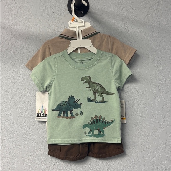 NWT Kid’s Headquarters Dino Tan Polo, Dino Green Tee & Brown Shorts 3-Piece Set - Picture 1 of 10